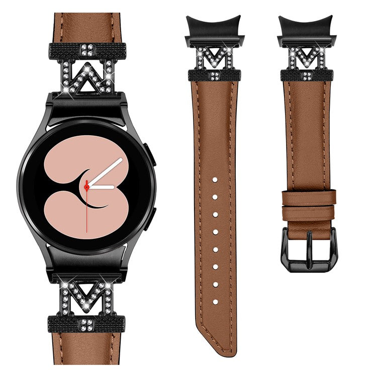 Genuine Cow Leather Band for Samsung Galaxy Watch6 40mm 44mm / Watch6 Classic 43mm 47mm Rhinestone M-shape Connector Watch Strap with Black Buckle - Brown