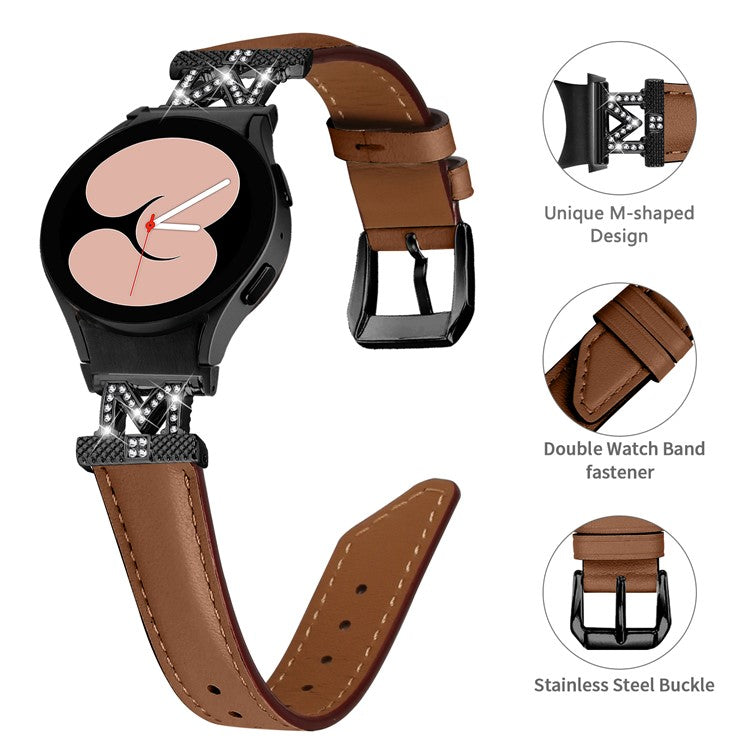 Genuine Cow Leather Band for Samsung Galaxy Watch6 40mm 44mm / Watch6 Classic 43mm 47mm Rhinestone M-shape Connector Watch Strap with Black Buckle - Brown
