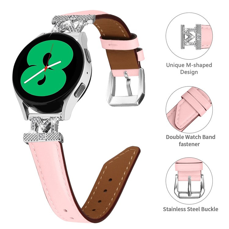 Watch Band for Samsung Galaxy Watch3 41mm 45mm / Watch 5 40mm 44mm , Rhinestone M-shape Design 20mm Slim Strap with Silver Buckle - Pink