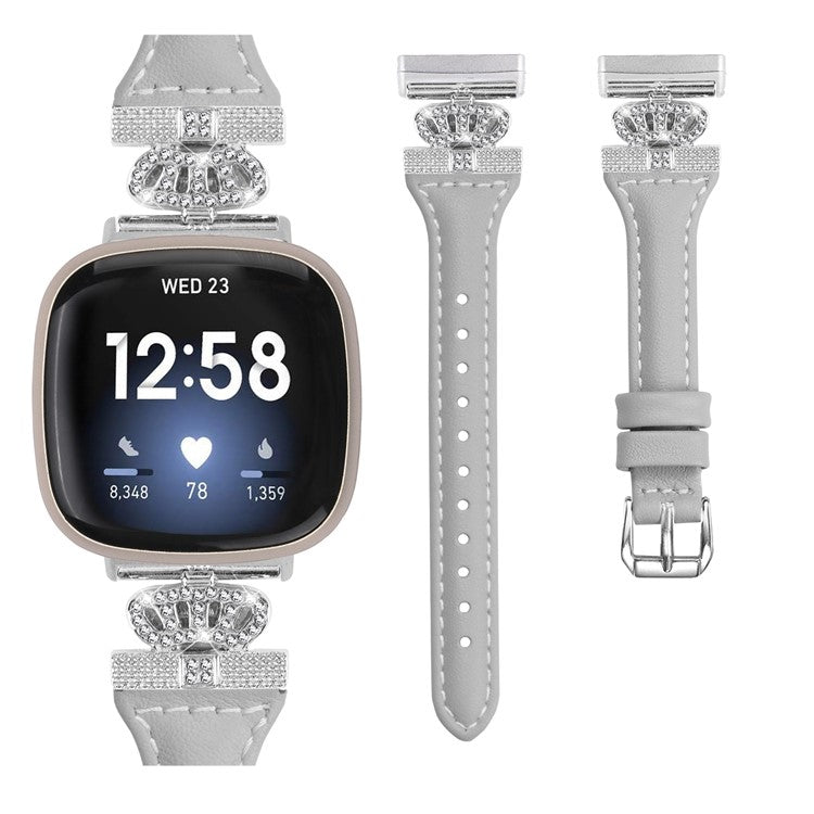 For Fitbit Versa 3 / 4 / Sense / Sense 2 Silver Buckle Watch Band Crown Genuine Cowhide Leather Strap - Grey