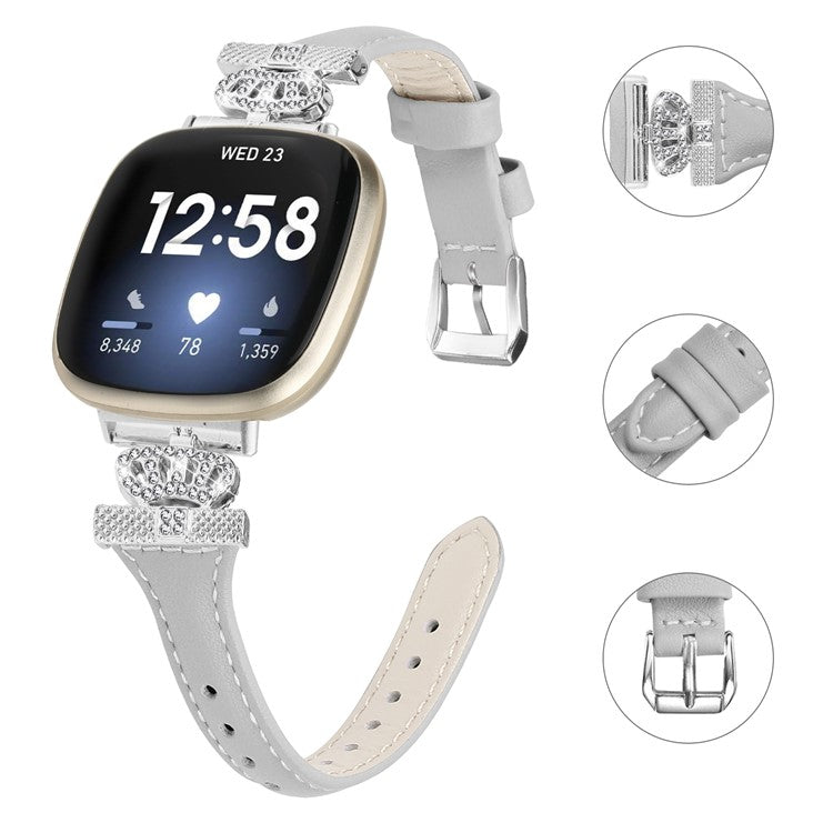 For Fitbit Versa 3 / 4 / Sense / Sense 2 Silver Buckle Watch Band Crown Genuine Cowhide Leather Strap - Grey