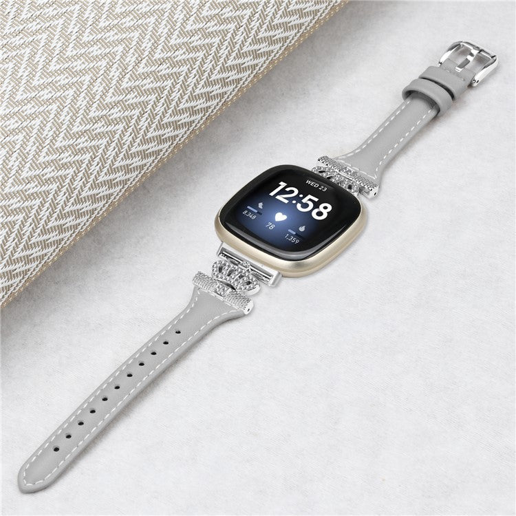 For Fitbit Versa 3 / 4 / Sense / Sense 2 Silver Buckle Watch Band Crown Genuine Cowhide Leather Strap - Grey
