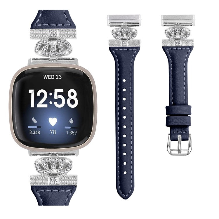 For Fitbit Versa 3 / 4 / Sense / Sense 2 Silver Buckle Watch Band Crown Genuine Cowhide Leather Strap - Dark Blue