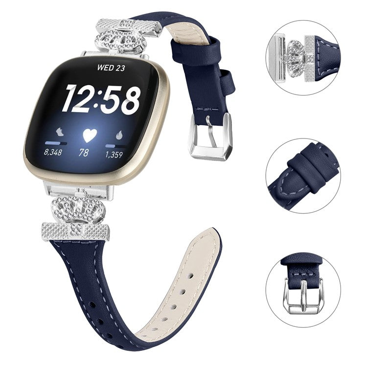 For Fitbit Versa 3 / 4 / Sense / Sense 2 Silver Buckle Watch Band Crown Genuine Cowhide Leather Strap - Dark Blue