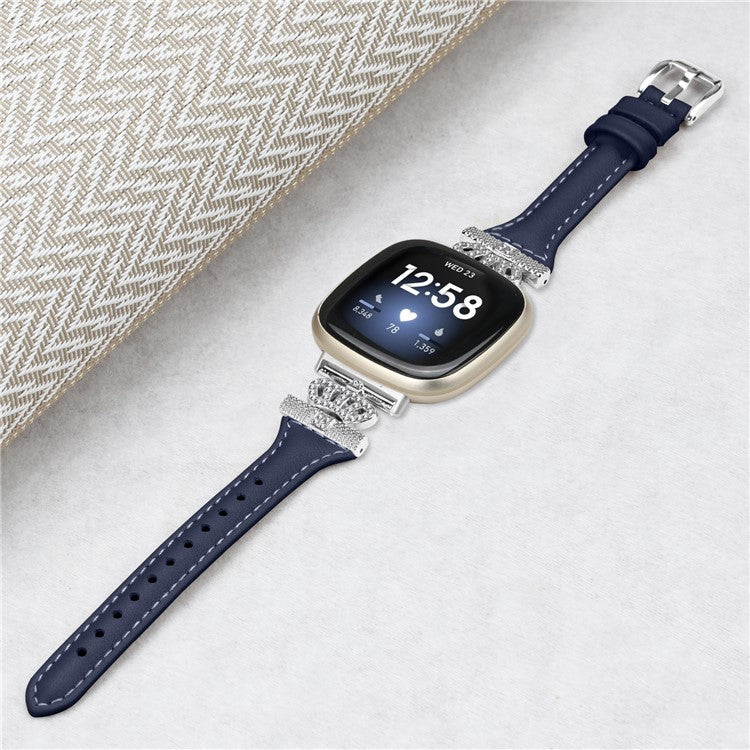 For Fitbit Versa 3 / 4 / Sense / Sense 2 Silver Buckle Watch Band Crown Genuine Cowhide Leather Strap - Dark Blue