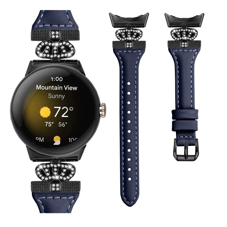 For Google Pixel Watch / Watch 2 Black Buckle Watch Strap Crown Rhinestone Connector Wrist Band - Dark Blue