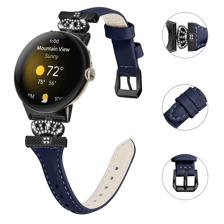 For Google Pixel Watch / Watch 2 Black Buckle Watch Strap Crown Rhinestone Connector Wrist Band - Dark Blue