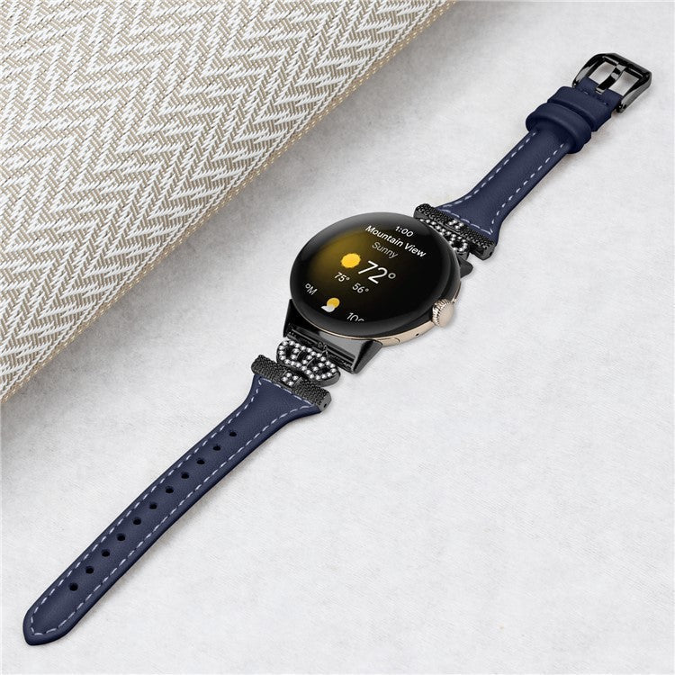 For Google Pixel Watch / Watch 2 Black Buckle Watch Strap Crown Rhinestone Connector Wrist Band - Dark Blue