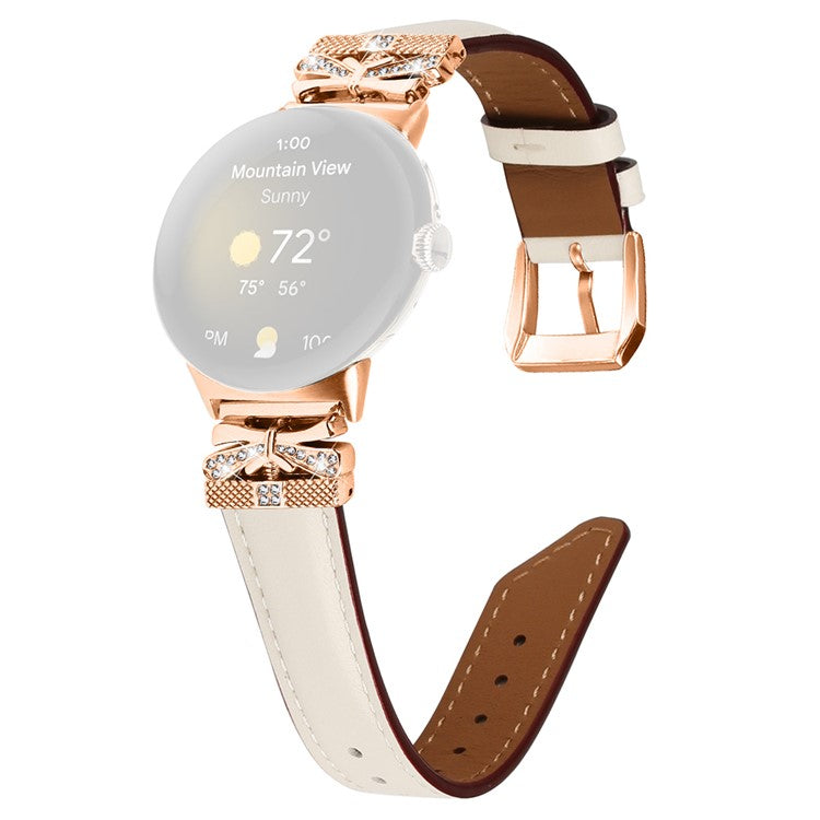 For Google Pixel Watch Genuine Cowhide Leather Watch Strap Rhinestone Design (Rose Gold Buckle) - Apricot