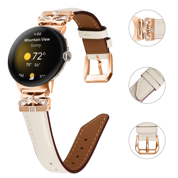 For Google Pixel Watch Genuine Cowhide Leather Watch Strap Rhinestone Design (Rose Gold Buckle) - Apricot