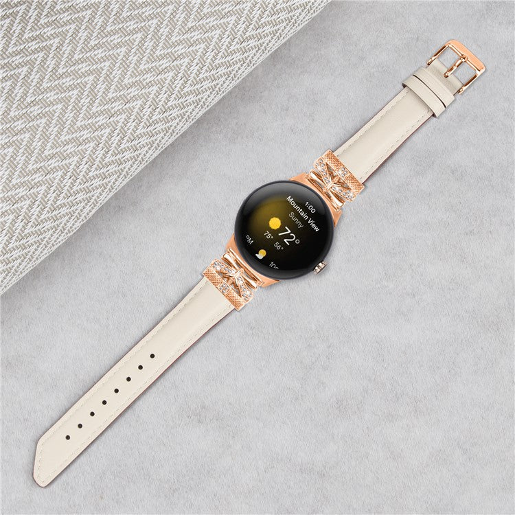 For Google Pixel Watch Genuine Cowhide Leather Watch Strap Rhinestone Design (Rose Gold Buckle) - Apricot