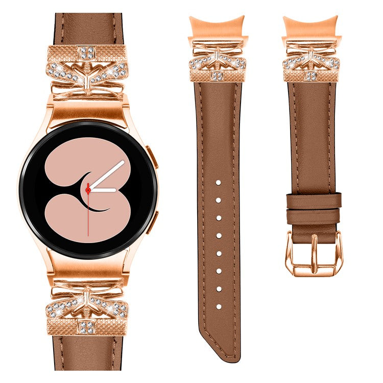 For Samsung Galaxy Watch6 44mm / Watch6 Classic 43mm / 47mm Watch Strap Rose Gold Buckle Butterfly Connector Band - Brown