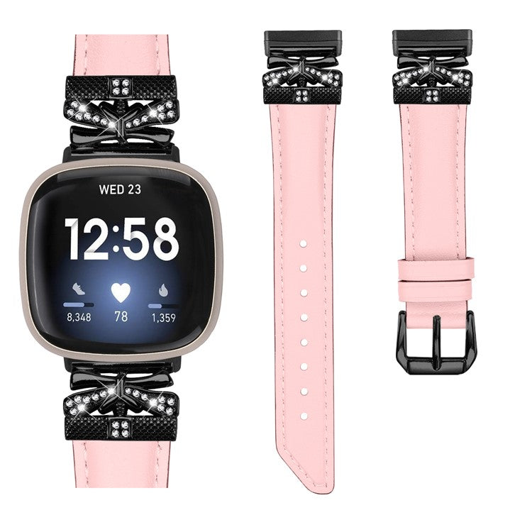 For Fitbit Versa 3 / 4 / Sense / Sense 2 Black Buckle Geniune Cowhide Leather Band Butterfly Watch Strap - Pink