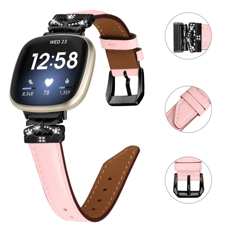 For Fitbit Versa 3 / 4 / Sense / Sense 2 Black Buckle Geniune Cowhide Leather Band Butterfly Watch Strap - Pink