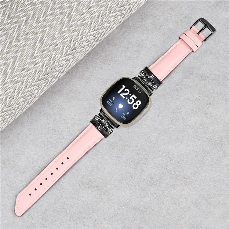 For Fitbit Versa 3 / 4 / Sense / Sense 2 Black Buckle Geniune Cowhide Leather Band Butterfly Watch Strap - Pink