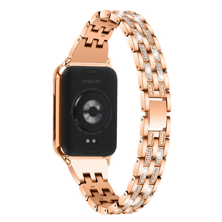 For Xiaomi Smart Band 8 Pro Metal Watch Strap 2-Row Rhinestone 5-Bead Watchband - Rose Gold