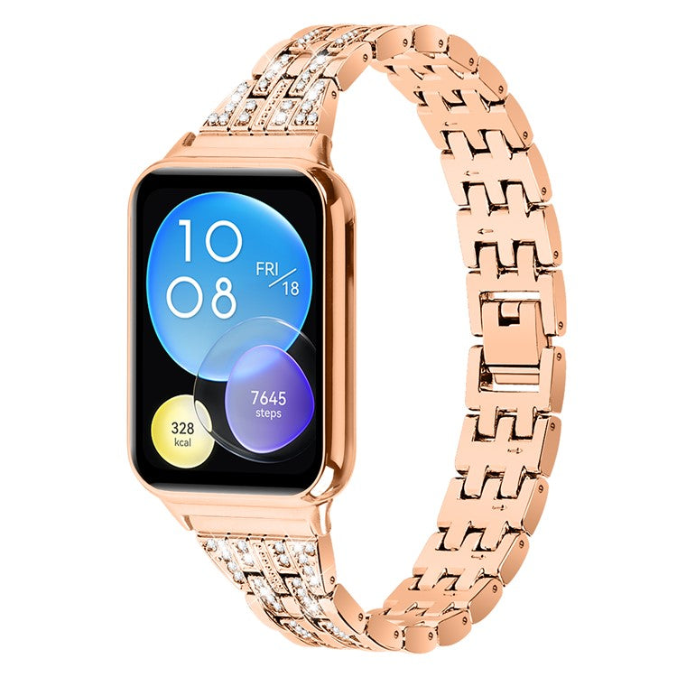For Xiaomi Smart Band 8 Pro Metal Watch Strap 2-Row Rhinestone 5-Bead Watchband - Rose Gold