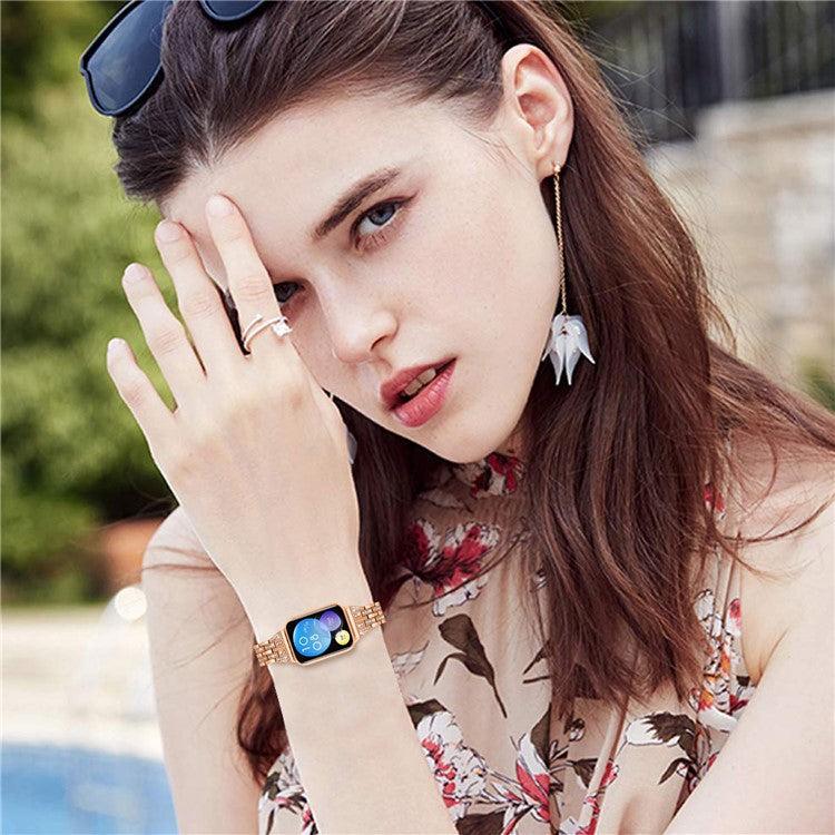 For Xiaomi Smart Band 8 Pro Metal Watch Strap 2-Row Rhinestone 5-Bead Watchband - Rose Gold