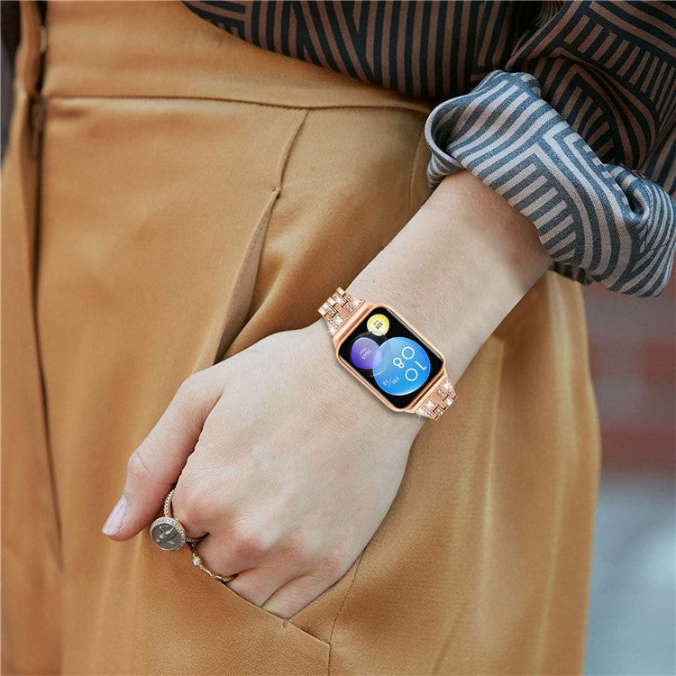 For Xiaomi Smart Band 8 Pro Metal Watch Strap 2-Row Rhinestone 5-Bead Watchband - Rose Gold