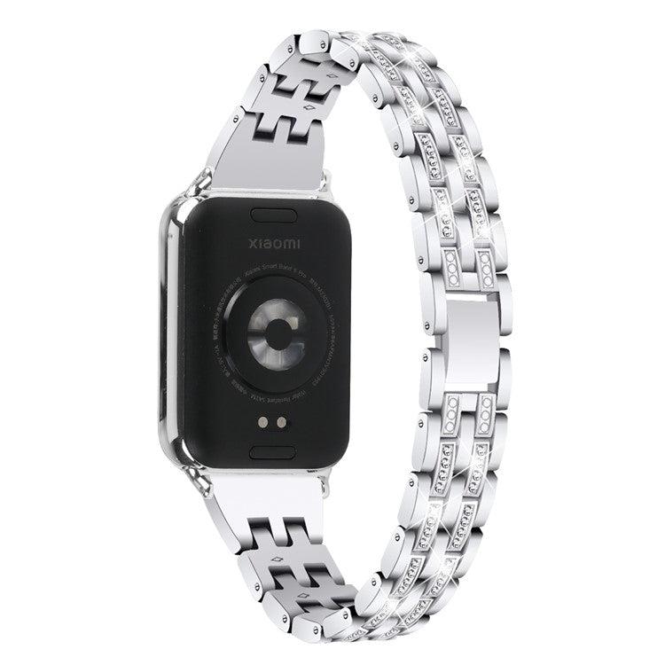 For Xiaomi Smart Band 8 Pro Metal Watch Strap 2-Row Rhinestone 5-Bead Watchband - Silver