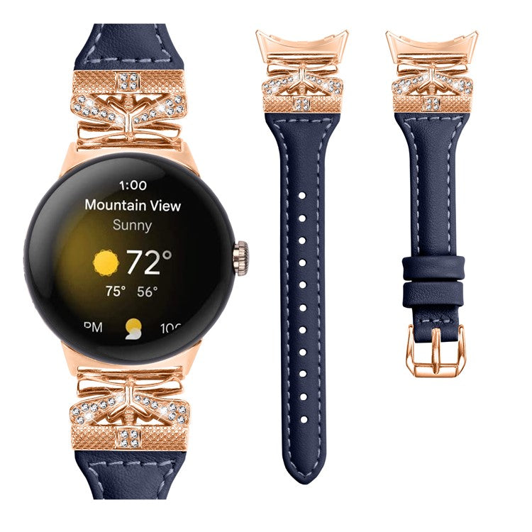 Rose Gold Buckle Strap for Google Pixel Watch / Pixel Watch 2 Genuine Cowhide Leather Watchband - Dark Blue