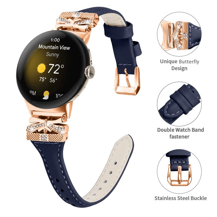 Rose Gold Buckle Strap for Google Pixel Watch / Pixel Watch 2 Genuine Cowhide Leather Watchband - Dark Blue