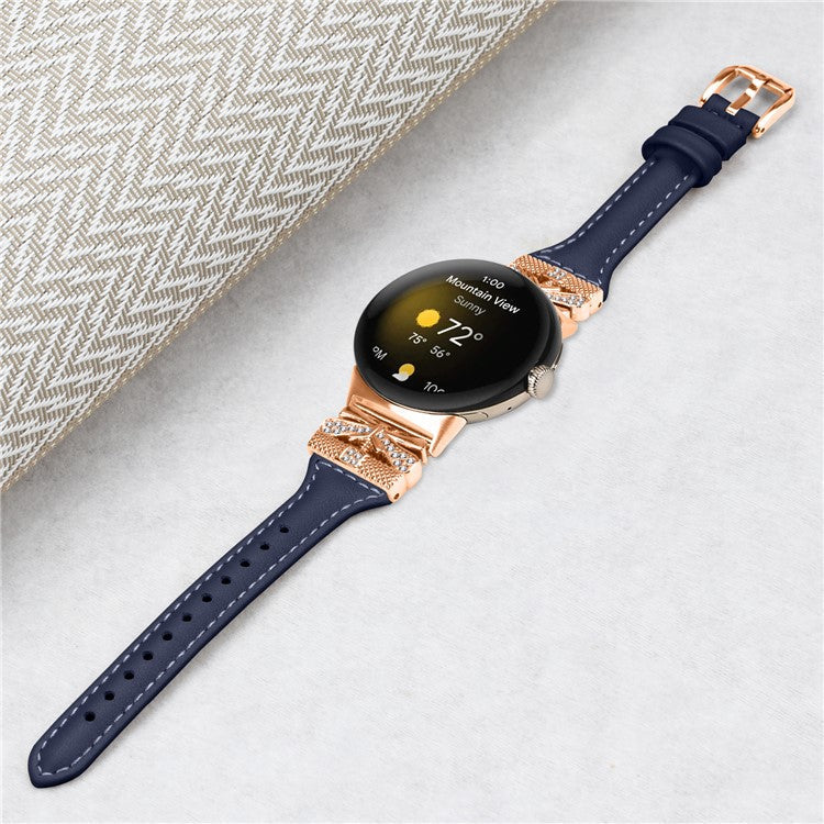 Rose Gold Buckle Strap for Google Pixel Watch / Pixel Watch 2 Genuine Cowhide Leather Watchband - Dark Blue