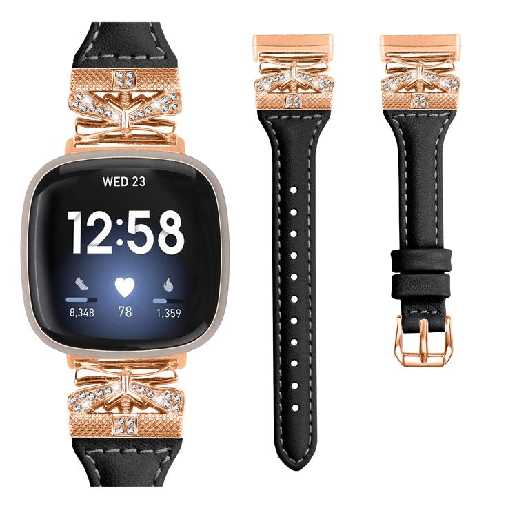 Rose Gold Buckle Band for Fitbit Versa 3 / 4 / Sense / Sense 2 Genuine Cowhide Leather Watch Strap - Black