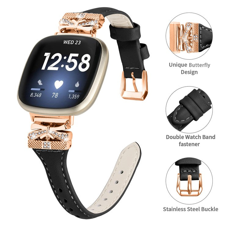 Rose Gold Buckle Band for Fitbit Versa 3 / 4 / Sense / Sense 2 Genuine Cowhide Leather Watch Strap - Black