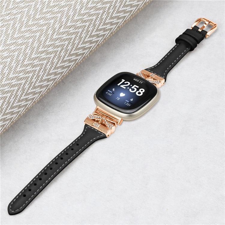Rose Gold Buckle Band for Fitbit Versa 3 / 4 / Sense / Sense 2 Genuine Cowhide Leather Watch Strap - Black