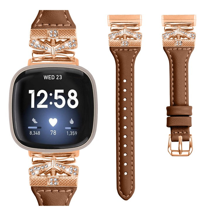 Rose Gold Buckle Band for Fitbit Versa 3 / 4 / Sense / Sense 2 Genuine Cowhide Leather Watch Strap - Brown
