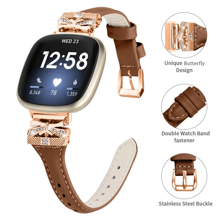 Rose Gold Buckle Band for Fitbit Versa 3 / 4 / Sense / Sense 2 Genuine Cowhide Leather Watch Strap - Brown