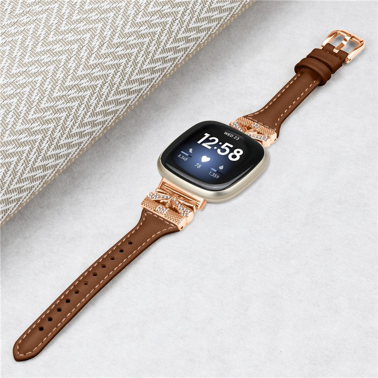 Rose Gold Buckle Band for Fitbit Versa 3 / 4 / Sense / Sense 2 Genuine Cowhide Leather Watch Strap - Brown