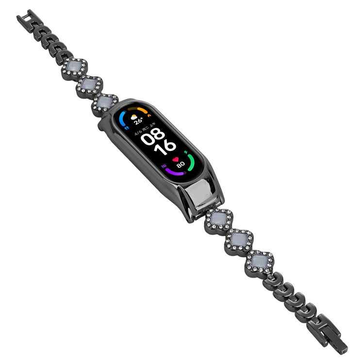 For Xiaomi Mi Band 5 / 6 Metal Watch Band Rhinestone Decor Clover Wrist Strap - Black