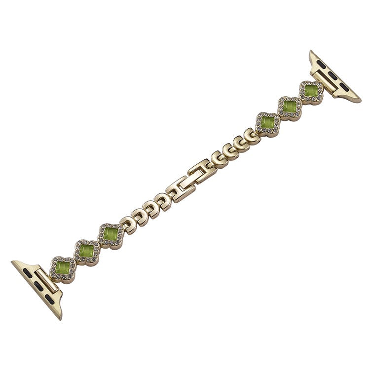 For Apple Watch Series 10 46mm / Ultra 2 Ultra 49mm / Series 9 8 7 45mm / 6 5 4 SE (2023) SE (2022) SE 44mm / 3 2 1 42mm Watch Strap Rhinestone Clover Band - Gold