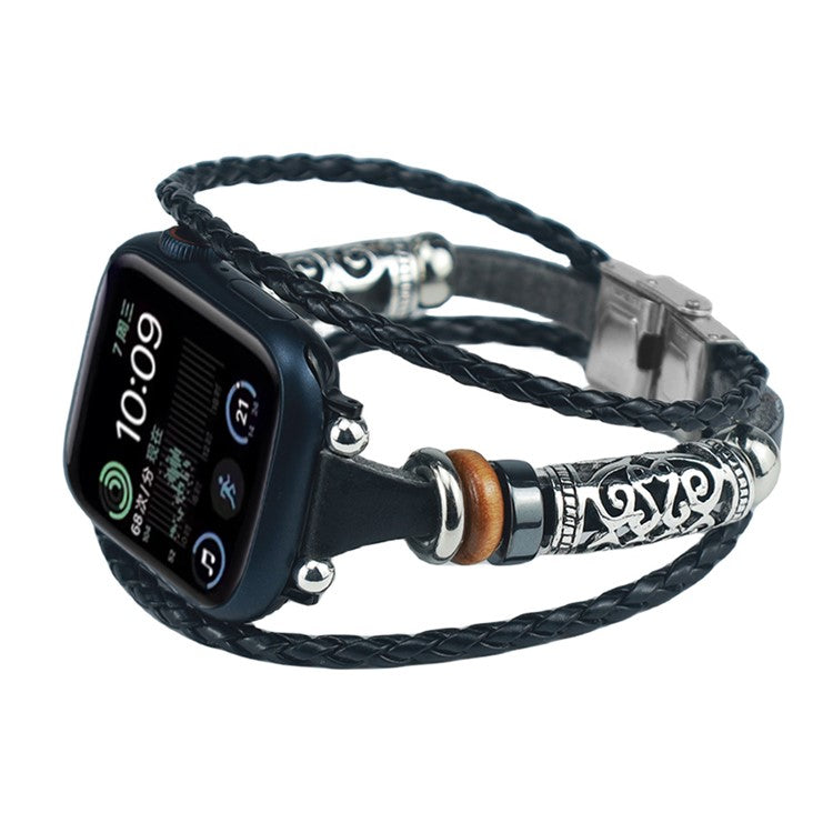 For Apple Watch Series 10 46mm / Ultra 2 Ultra 49mm / Series 9 8 7 45mm / 6 5 4 SE (2023) SE (2022) SE 44mm / 3 2 1 42mm Watch Band Ethnic Watch Strap - Black