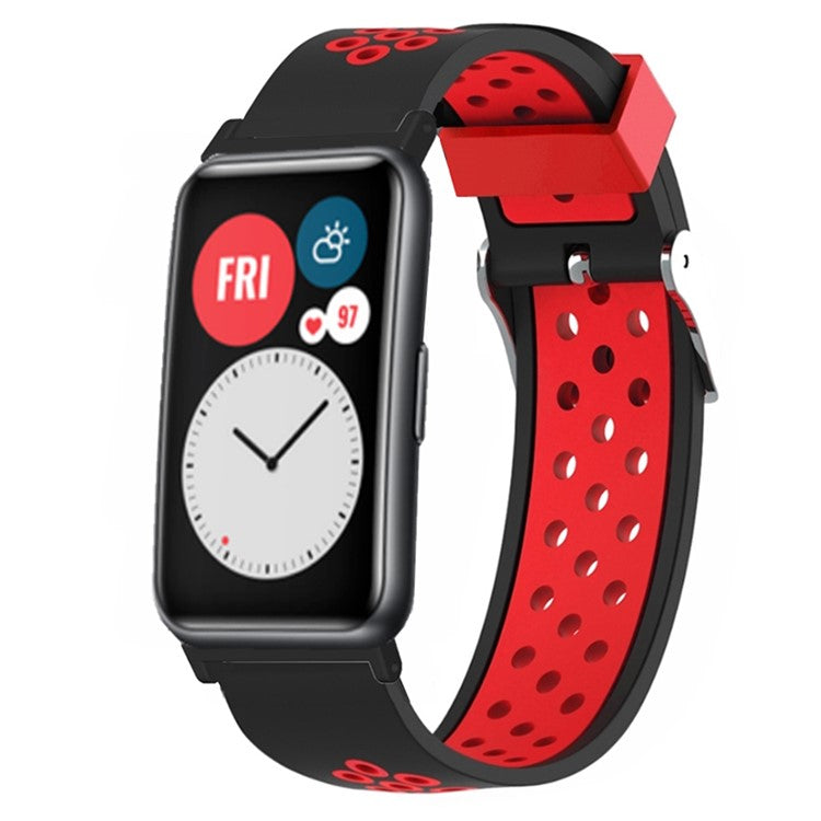 For Huawei Watch Fit / Watch Fit Special Edition Dual Color Silicone Watch Band with Breathable Holes - Black+Red