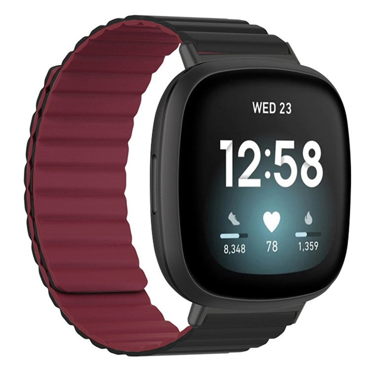 For Fitbit Versa 3 / 4 / Fitbit Sense / Sense 2 Silicone Watch Band Magnetic Strap Replacement - Black+Wine Red