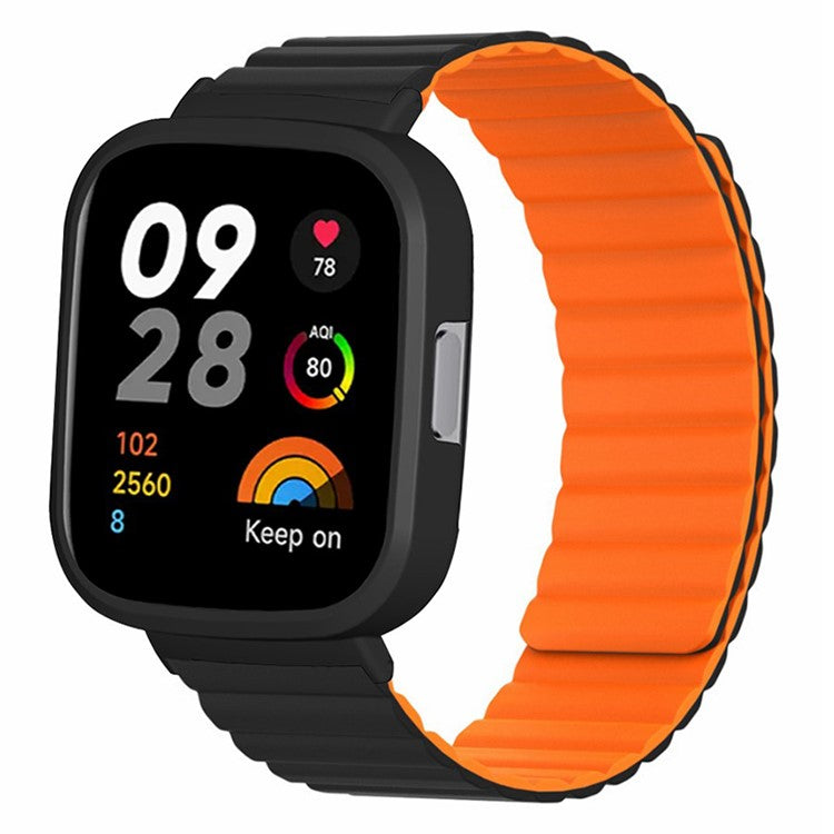 For Xiaomi Redmi Watch 3 Silicone Watch Band Magnetic Strap with PC Watch Case - Black+Orange