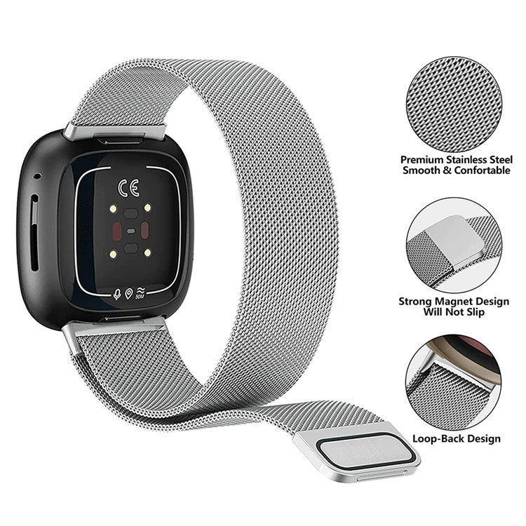 KALEBOL KLB-ML-001 Size S For Fitbit Versa 4 / 3 / Sense / Sense 2 Milanese Watch Strap Stainless Steel Band - Silver