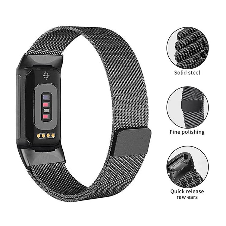 KALEBOL KLB-ML-001 For Fitbit Charge 6 / 5 Watch Strap Stainless Steel Milanese Wristband - Black