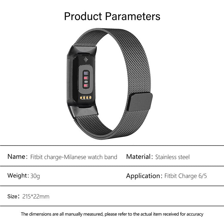 KALEBOL KLB-ML-001 For Fitbit Charge 6 / 5 Watch Strap Stainless Steel Milanese Wristband - Black