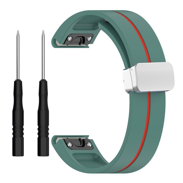 For Garmin Fenix 7S / 6S Pro / 5S Plus / Instinct 2S Silicone Watch Bands Silver Buckle 20mm Dual Color Stripes Strap - Olive Green+Red