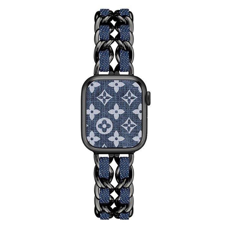 Watch Strap for Apple Watch Series 10 42mm / 9 8 7 41mm / SE (2023) SE (2022) SE 6 5 4 40mm / 3 2 1 38mm Chain Style Watch Band - Black+Dark Denim