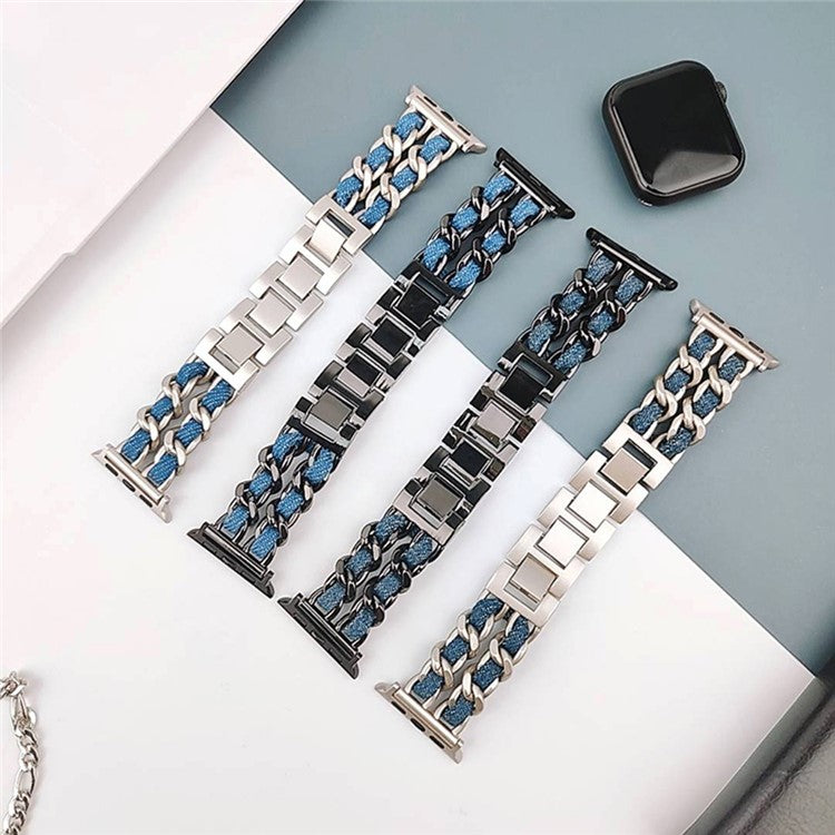 Watch Strap for Apple Watch Series 10 42mm / 9 8 7 41mm / SE (2023) SE (2022) SE 6 5 4 40mm / 3 2 1 38mm Chain Style Watch Band - Black+Dark Denim