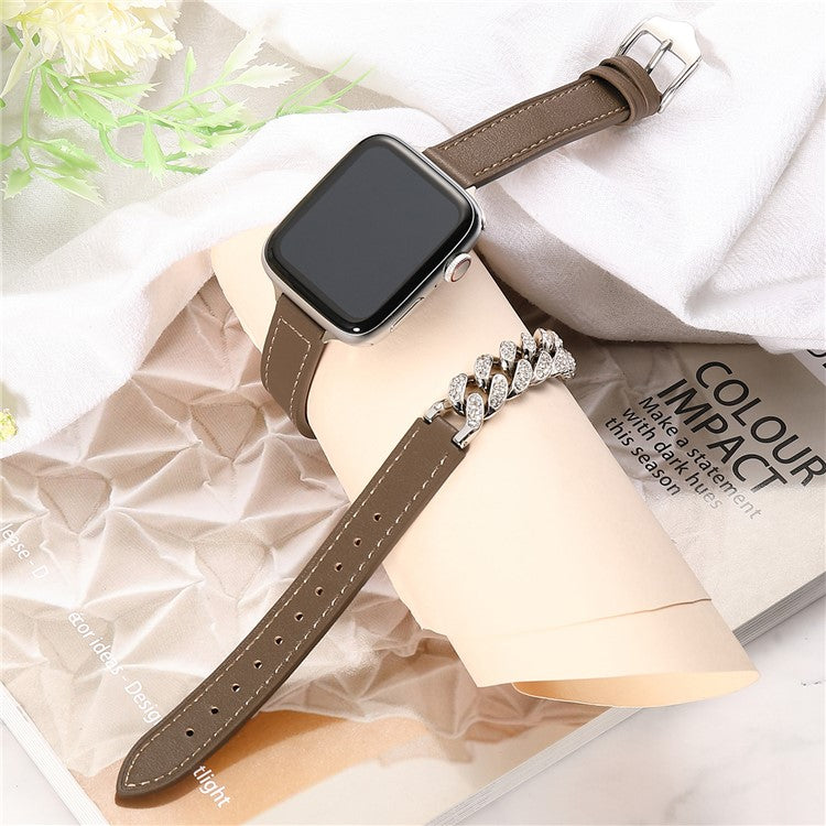 For Apple Watch Series 10 46mm / Ultra 2 Ultra 49mm / Series 9 8 7 45mm / 6 5 4 SE (2023) SE (2022) SE 44mm / 3 2 1 42mm Watch Band Chain Leather Strap - Black