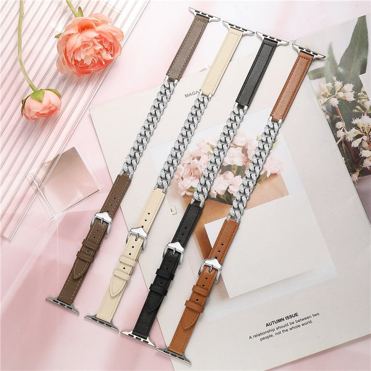 For Apple Watch Series 10 46mm / Ultra 2 Ultra 49mm / Series 9 8 7 45mm / 6 5 4 SE (2023) SE (2022) SE 44mm / 3 2 1 42mm Watch Band Chain Leather Strap - Black