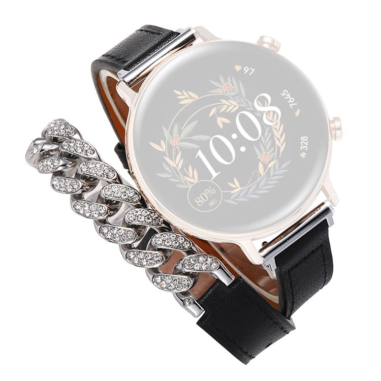 22mm Universal Smart Watch Band Bling Rhinestone Genuine Cow Leather+Chain Strap Replacement - Black