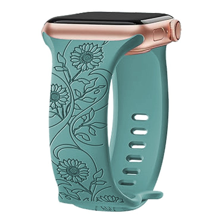 Watch Strap for Apple Watch Series 10 42mm / 9 8 7 41mm / SE (2023) SE (2022) SE 6 5 4 40mm / 3 2 1 38mm Flower Engraved Watch Band - Sunflower / Green