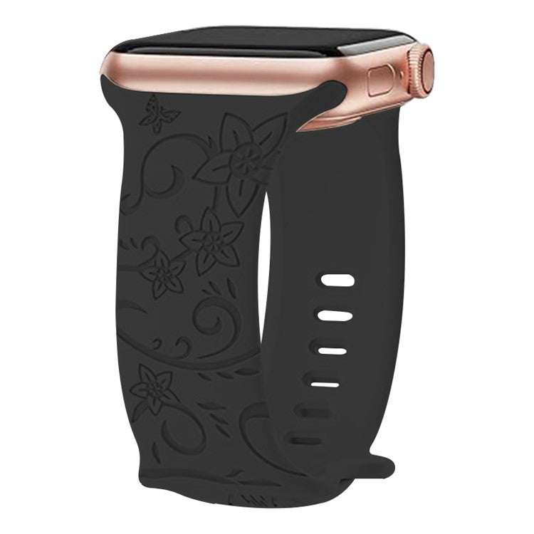 Watch Strap for Apple Watch Series 10 42mm / 9 8 7 41mm / SE (2023) SE (2022) SE 6 5 4 40mm / 3 2 1 38mm Flower Engraved Watch Band - Floral / Black